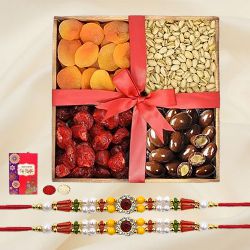 Attractive Twin Rakhi Set with Dry Fruits Tray, Roli Tika n Card