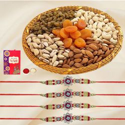 Classy Set of 4 Rakhis with Dry Fruit Basket, Roli Tika n Card