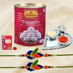 Ethnic Rakhi Pair N Haldiram Rasgulla with Silver Plated Thali