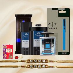 Designer Stone Rakhi with Thali, Pen, Chocolate N Yardley Grooming Kit