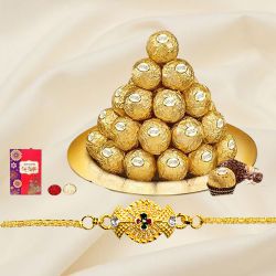 Exquisite Golden Bracelet Rakhi with Ferrero Rocher in Golden Thali