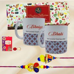 Classy Fruitea Hamper with Personalized Couple Mug N Bhaiya Bhabhi Rakhi