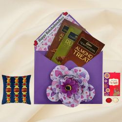 Rakhi Envelope of Chocolates with Rudraksha Rakhi Trio