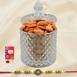 Healthy Almonds in a designer Glass Jar with a Rakhi with free Roli Tilak Chawal
