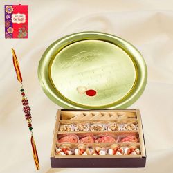 Haldiram Assorted Sweets and Gold Plated Puja Thali along Rakhi, Roli Tilak and Chawal