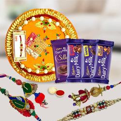 Twin Bhaiya Bhabhi Rakhi Set with Assorted Cadbury Chocolates n Pooja Thali