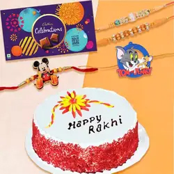 Breathtaking Rakhi Set of 4 with Red Velvet Cake and Cadbury Celebration