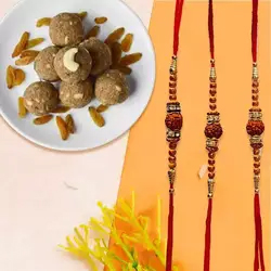 Charming Rudraksha Rakhi Trio with Besan Laddoo