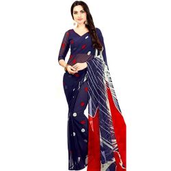 Stunning Red and Blue Polka Dot Print Saree in Chiffon Fabric