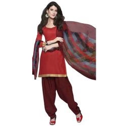 Attractively Coloured in Red and Maroon Cotton Printed Patiala Suit to Chittaurgarh