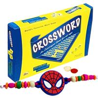 Delightful Crossword Board Game with Spider Man Rakhi and Roli, Tilak and Chawal.