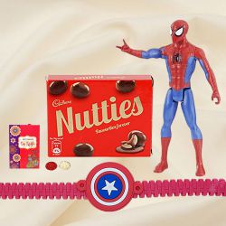 Eye-Catching Present of Marvel Avengers Spiderman Action Figurine for Kids and Kids Rakhi, Cadbury Nutties with Free Roli Tilak and Chawal to Hariyana