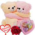 Cute Hugging Couple Teddy with 1 Velvet Rose and 3 pcs Heart Homemade Chocolate to Lakshadweep