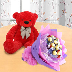 Marvelous Red Teddy with Ferrero Rocher Bouquet to Alwaye