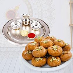 Auspicious Pooja Thali with Pack of Balushahi to Marmagao