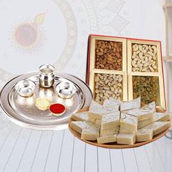 Alluring Pooja Thali with Dry Fruits N Kaju Katli<br> to Irinjalakuda