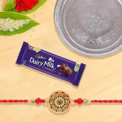 Silver Plated Rakhi Thali, One or More Rakhi Options with 1 Dairy Milk 95 gr. to Rakhi-to-uk.asp