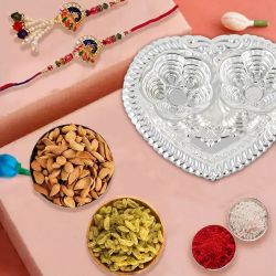 Silver Plated Rakhi Thali with 1 set Bhaiya n Bhabhi Rakhi and 200 Gms. Almonds and Raisins to Uk-rakhi-dry-fruits.asp