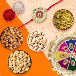 One Rakhi with Thali and Almonds, Raisen, Cashews & Pistas to Rakhi-to-uk.asp