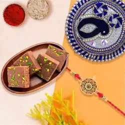 Smart-Looking Rakhi with Rakhi Thali and Chocolate barfi qty 500gms to Rakhi-to-uk.asp