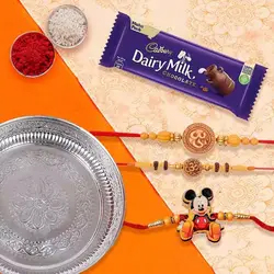 Silver Plated Rakhi Thali with 2 Om Rakhi, 1 Kids Rakhi and 1 Dairy Milk 95 gr to Rakhi-to-uk.asp