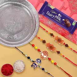 Silver Plated Rakhi Thali with 2 Om Rakhi, 2 Kids Rakhi and 1 Dairy Milk to Uk-rakhi-thali.asp