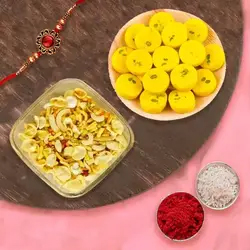 Kesar Peda With Mix Namkeen And Elegant Rakhi to Rakhi-to-uk.asp