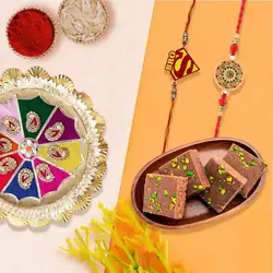 Astonishing Gift of Chocolate Barfi, Rakhi Thali with One Fancy Rakhi and One Kids Rakhi to Rakhi-to-uk.asp