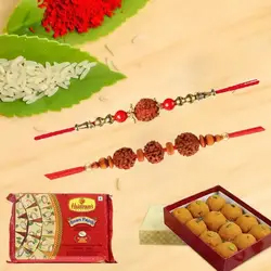 Boondi Ladoo with Haldirams Soan Papdi N Rudraksha Rakhi	 to Uk-rakhi-hampers.asp