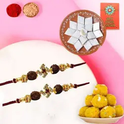 Boondi Ladoo with Kaju Katli N Rudraksha Rakhi to Rakhi-to-uk.asp