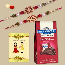 Fancy Rakhi Pair with Ghiradelli Chocolates, Roli Tika n Card to Rakhi-to-usa.asp