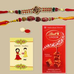 Designer Rakhi Set with Lindt Chocolates n Rakhi Card to Stateusa.asp
