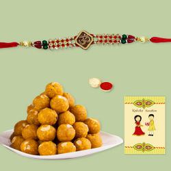 Traditional Rakhi with Boondi Ladoo, Roli Tika n Card to Rakhi-to-usa.asp