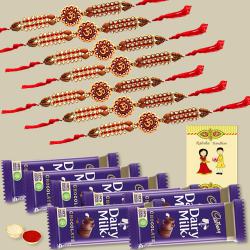 Auspicious Set of 7 OM/Ganesh Rakhi with 7pc Chocolates to Rakhi-to-usa.asp
