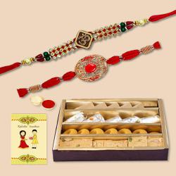 Dual Ethnic Rakhi Set with Assorted Sweets N Card to Rakhi-to-usa.asp