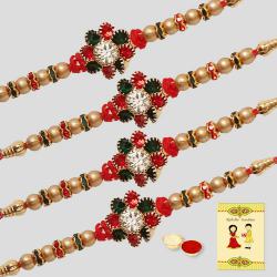 Attractive Set of 4 Diamond Rakhis with Roli, Chawal N Card to Stateusa.asp