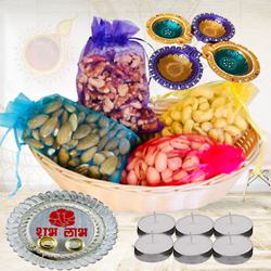 Salty Dry-fruit Assortments with Candles, Pooja Thali N Diya to Stateusa_di.asp