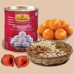 Finest Motichoor Ladoo n Rasgulla with Dry Fruits n Diya Pair to Diwali-usa.asp