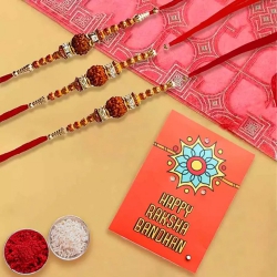 Exquisite 3 Rudraksha Rakhi Set with Roli Chawal Tika n Card to Usa-serch-by-price.asp