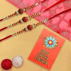 Exquisite 3 Rudraksha Rakhi Set with Roli Chawal Tika n Card to Stateusa.asp