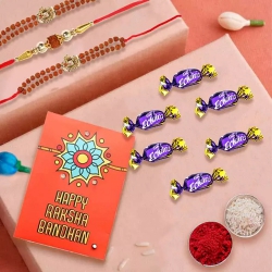 Classy 3 Rudraksha Rakhi Set with Chocolates, Roli, Chawal n Card to Rakhi-to-usa.asp