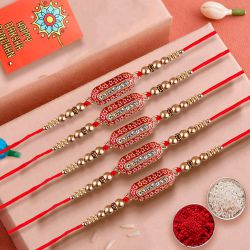 Gaudy Set of 5 Jewel Rakhi with Roli, Chawal Tika n Card to Stateusa.asp