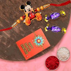 Fancy Kids Rakhi with 2 Chocolates, Roli, Chawal Tika n Card to India