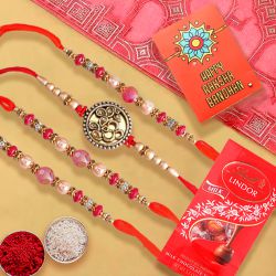 Classic Set of 4 Rakhi with Lindt Chocolates, Roli Tika N Card to Rakhi-to-usa.asp