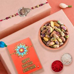 Dashing Rakhi with Crunchy Pistachio, Roli Tika n Rakhi Card to Rakhi-to-usa.asp