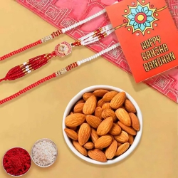 Charming Set of 3 Rakhis with Crunchy Almonds, Roli Tika n Card to Usa-serch-by-price.asp