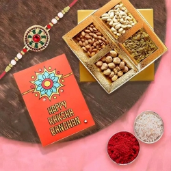 Classy Rakhi with Assorted Dry Fruits, Roli, Chawal n Card to Rakhi-to-usa.asp