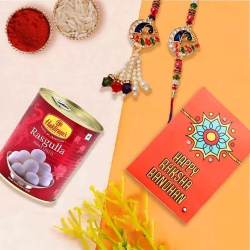 Trendy Bhaiya Bhabhi Rakhi Set with Haldiram Rasgulla to Rakhi-to-usa.asp