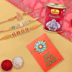 Enticing Set of 3 Rakhi with Haldiram Rasgulla to Rakhi-to-usa.asp