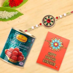 Trendsetting Rakhi with Gulab Jamun n Roli, Chawal n Card to Rakhi-to-usa.asp